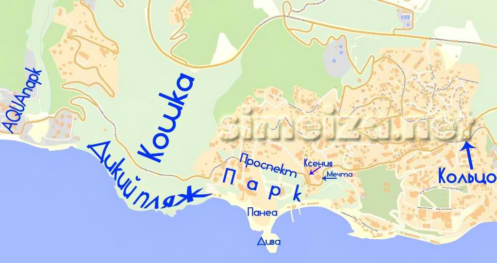 Достопримечательности Симеиза на карте 